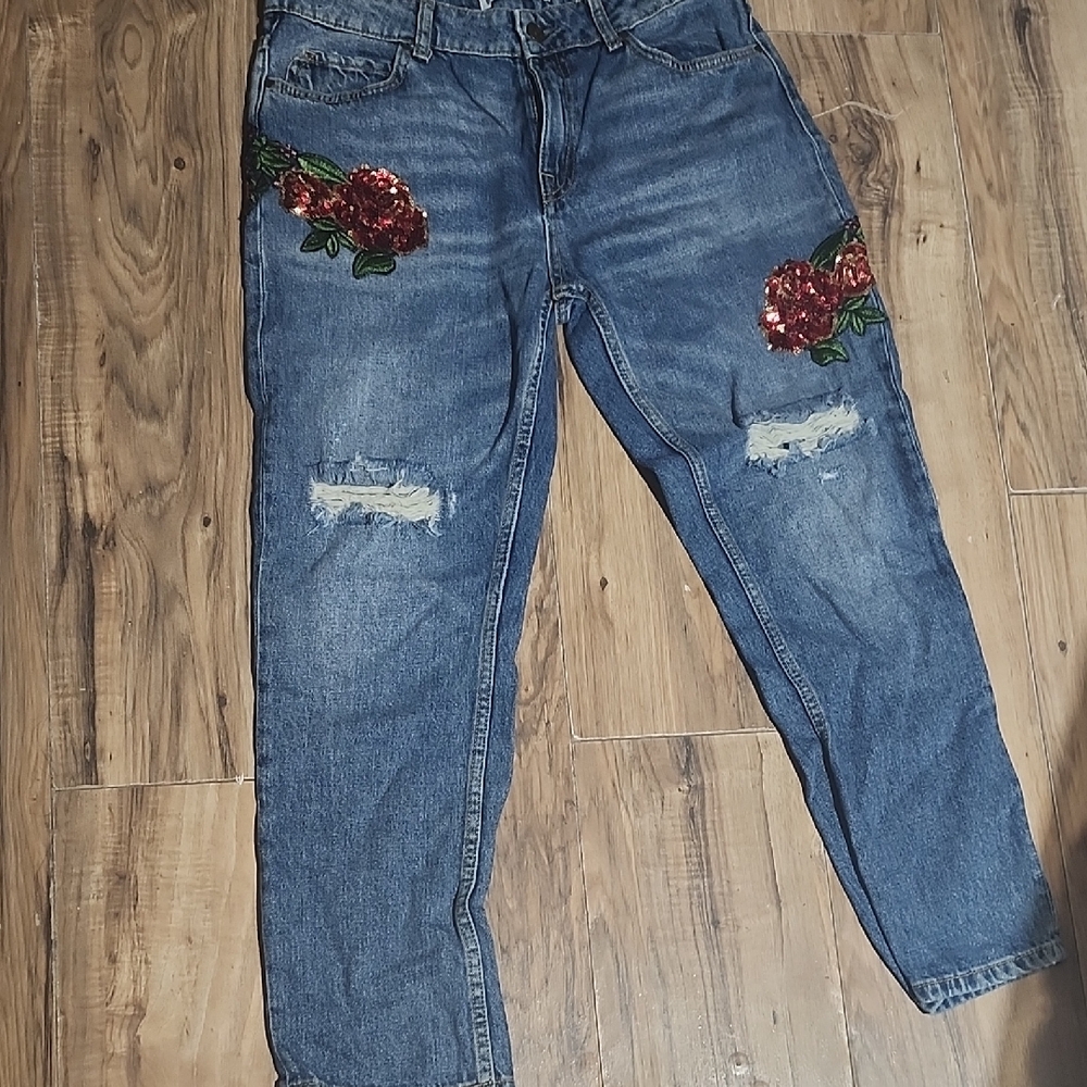 Zara Blue Jeans with Red Floral Embroidery